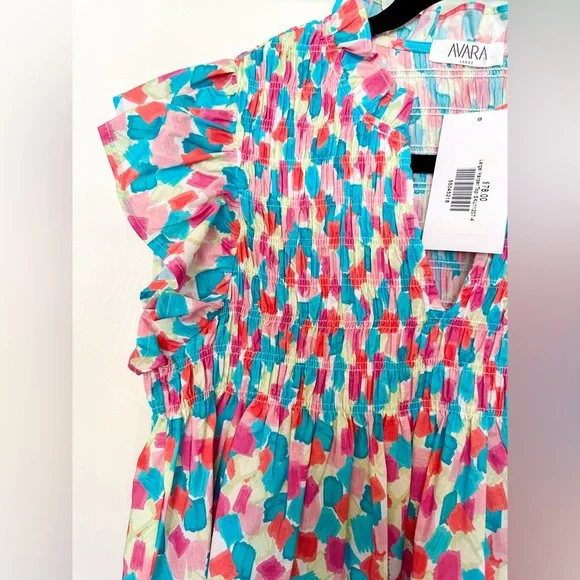 Avara Colorful Watercolor Print Smocked Babydoll Top in Pink, Blue, Green - Picture 4 of 11